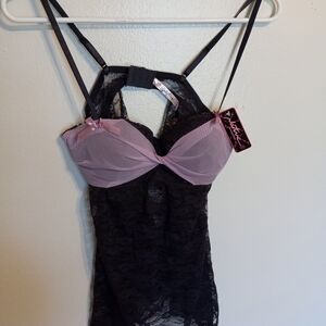 Native Intimates 2 Pc Black and Pink Lace Chemise NWT